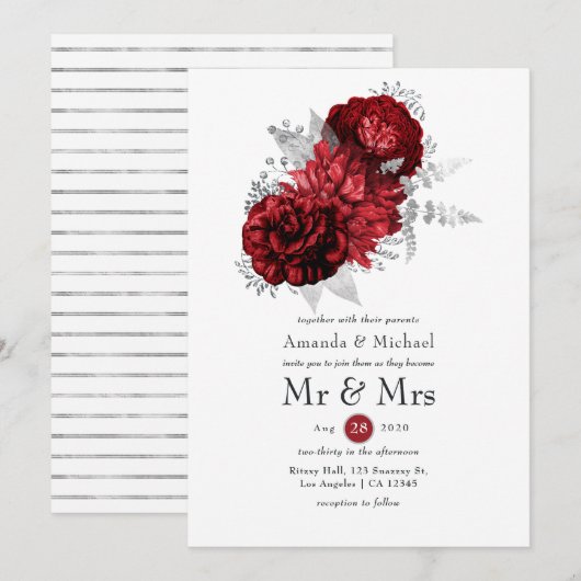 Red and Silver Floral Mr. & Mrs Wedding Kaart (Voorkant / Achterkant)