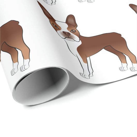 Red and White Boston Terrier Cartoon Dog Pattern Cadeaupapier (Rol Hoek)