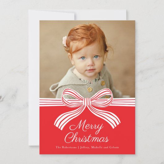 Red and White Bow Flat Christmas Photo Card Feestdagenkaart (Voorkant)
