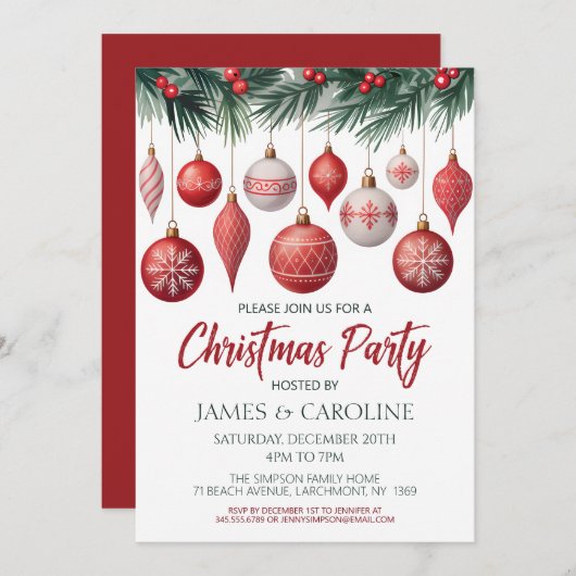 Red and White Christmas Party Invitation (Devant / Derrière)