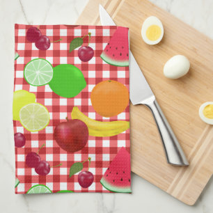 Red and White Gingham Check Fruits Pattern Theedoek