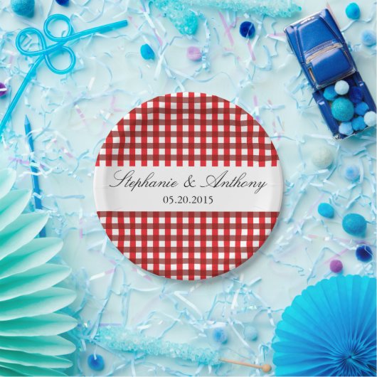 Red and White Gingham Pattern Barbeque Wedding Papieren Bordje (Feest)