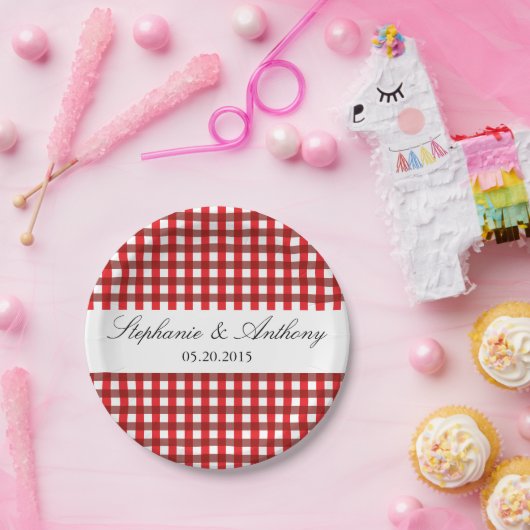 Red and White Gingham Pattern Barbeque Wedding Papieren Bordje (Feest)