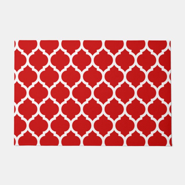 Red and White Moroccan Quatrefoil Pattern Deurmat (Voorkant)