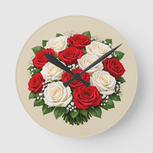 Red and white roses ronde klok (Voorkant)