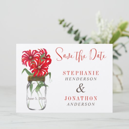 Red Andes Mountain Wildflower Mason Jar Bruiloft Kaart (Staand voorkant)