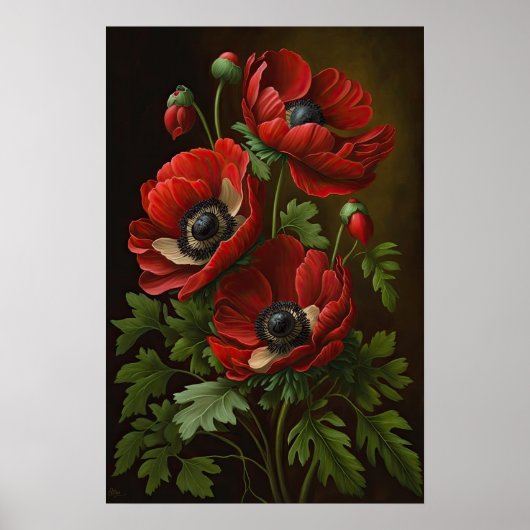 Red Anemone Flowers Art Print Poster (Voorkant)
