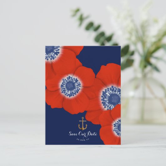 Red Anemone Nautical Navy + Anchor Save the Date Aankondigingskaart (Staand voorkant)