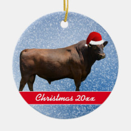 Red Angus Bull en Santa Hat Keramisch Ornament