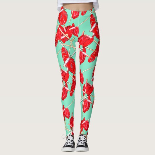 Red Anthurium Flowers Pattern Champ Leggings (Voorkant)