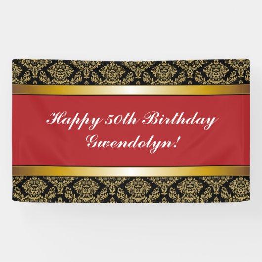 Red Any Age Gold Damask Anniversaire Bannière (Horizontal)