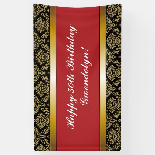 Red Any Age Gold Damask Birthday Banner (Verticaal)