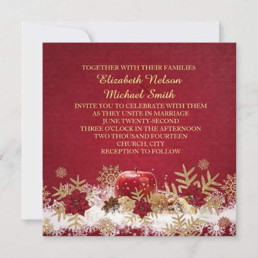 Red Apple Christmas Gold Snowflakes Invitation de  (Devant)