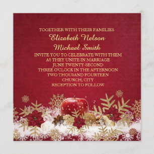 Red Apple Christmas Gold Snowflakes Invitation de