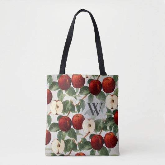 Red Apples Botanische Grijze Waterverf Monogrammed Draagtas (Voorkant)