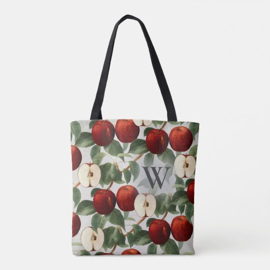 Red Apples Botanische Grijze Waterverf Monogrammed Draagtas (Achterkant)
