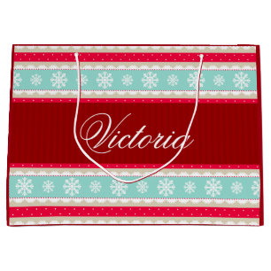 Red Aqua Blue Kerstmis Pattern Persoonlijke naam Large Cadeauzakje