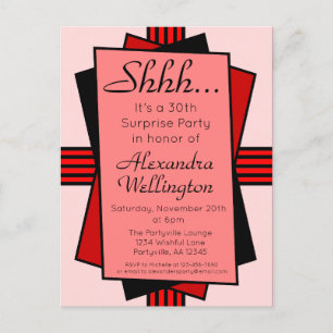 Red Art Deco 30th Surprise Party Birthday Uitnodiging Briefkaart