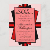 Red Art Deco 30th Surprise Party Birthday Uitnodiging Briefkaart (Voorkant)