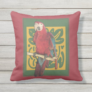 Red Art Nouveau Parrot Buitenkussen