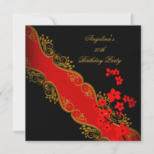 Red Asian Black Floral Gold Birthday Party Kaart