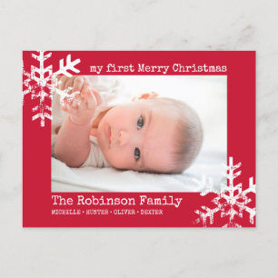 Red Baby Holiday Eerste Kerstfeest Foto Snowflakes Feestdagenkaart