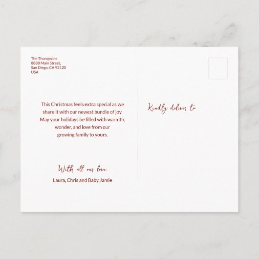 Red Baby’s First Christmas Custom Photo Birth Briefkaart (Achterkant)