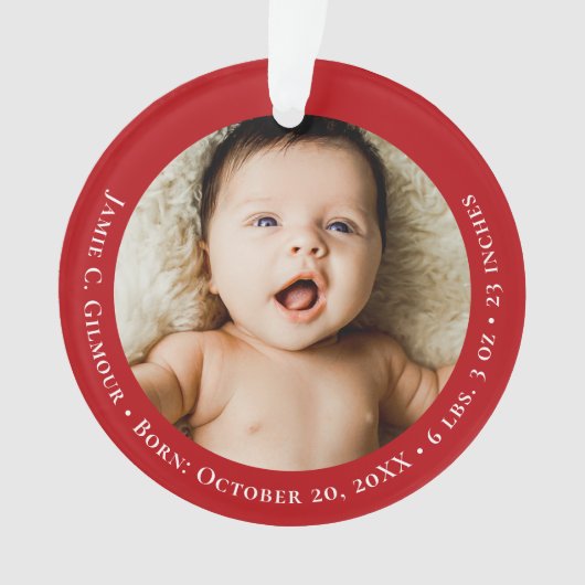 Red Baby's First Christmas 1 foto Geboortedatum Ornament (voorkant)