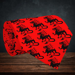 Red Background Black Welsh Dragon Silhouette Stropdas