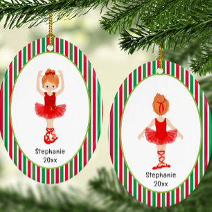 Red Ballerina Stripes Persoonlijke kerstmis Keramisch Ornament