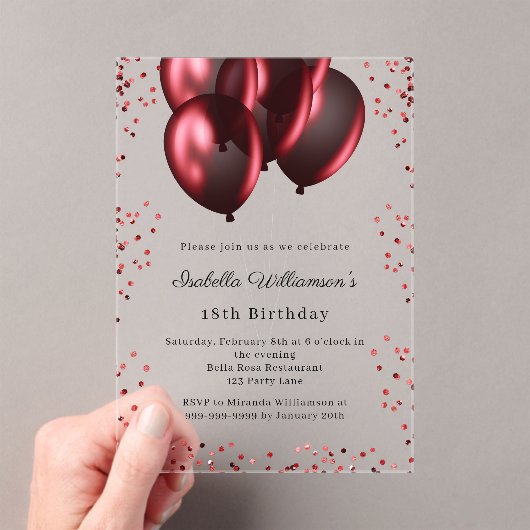 Red balloons clear luxury birthday acryl uitnodigingen (Insitu (Draagbaar))