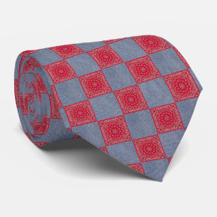 Red Bandana en Denim Block Print Stropdas