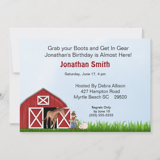 Red Barn Birthday Party Invitation Kaart (Voorkant)