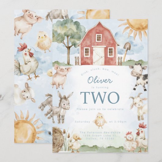 Red Barn Farm Animal Anniversaire Fête Invitation (Devant / Derrière)