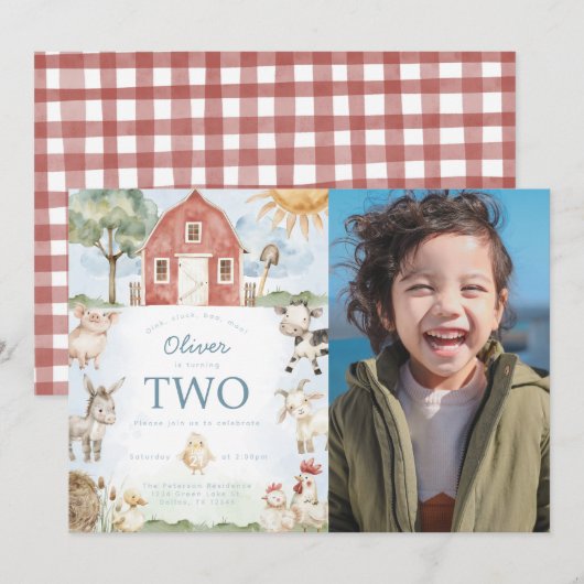 Red Barn Farm Animal Anniversaire Fête Invitation (Devant / Derrière)