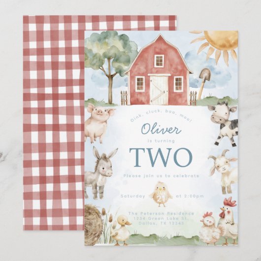 Red Barn Farm Animal Anniversaire Fête Invitation (Devant / Derrière)