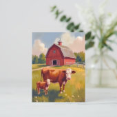 Red Barn Farm Animals Koe Schilderij Briefkaart (Staand voorkant)