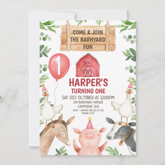 Red Barn Farm Barnyard Fun Anniversaire Invitation (Devant)