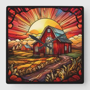 Red Barn Glas in lood Wall Clock Vierkante Klok