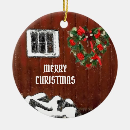 Red Barn Kerstmis Keramisch Ornament (Voorkant)