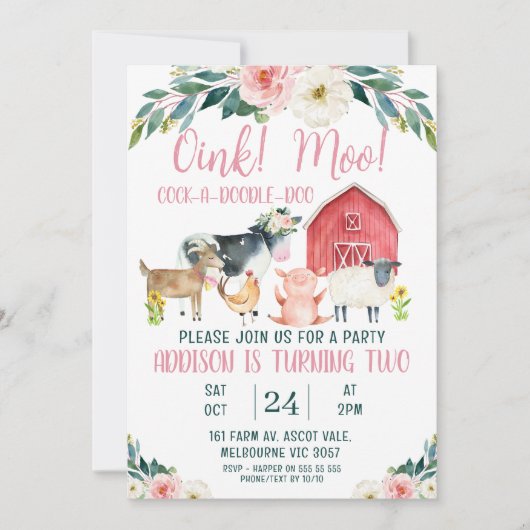 Red Barn Oink Moo Boerderij Uitnodiging (Voorkant)