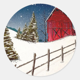 Red Barn Snowy Landscape Ronde Sticker