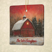 Red Barn with Star and Trees Farmhouse Monogram Keramisch Ornament