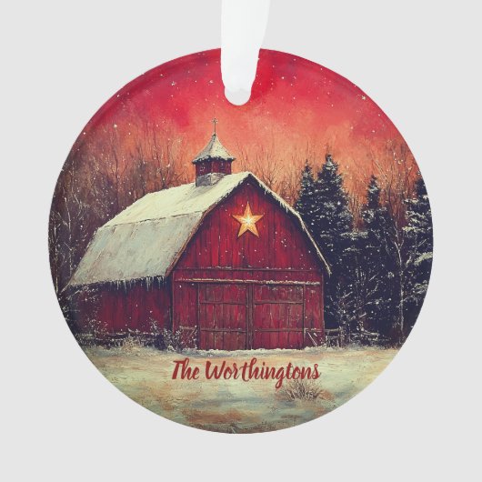 Red Barn with Star and Trees Farmhouse Monogram Ornament (voorkant)
