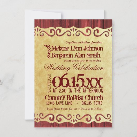 Red Barn Wood Paper Wedding Invitations Kaart (Voorkant)