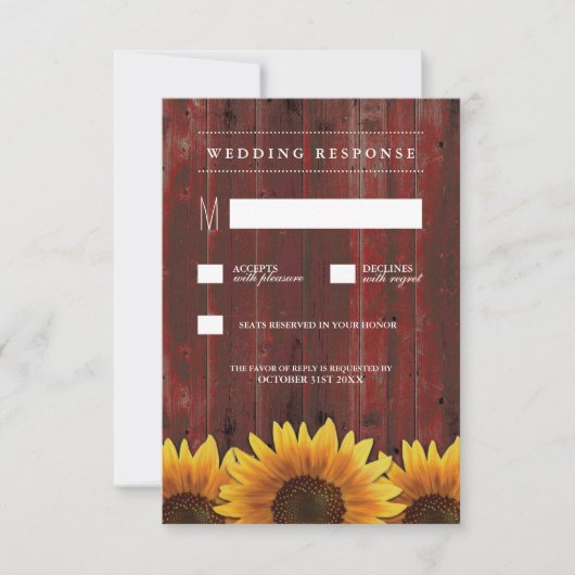 Red Barn Wood Rustic Sunflower Wedding Cartes RSVP (Devant)
