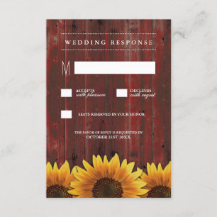 Red Barn Wood Rustieke Zonnebloem Bruiloft RSVP Ka Kaartje