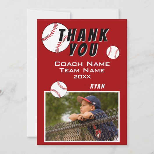 Red Baseball Player Foto Dank u Coach Kaart (Voorkant)