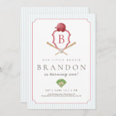 Red Baseball Preppy Crest First Birthday invite Bedankkaart (Voorkant / Achterkant)