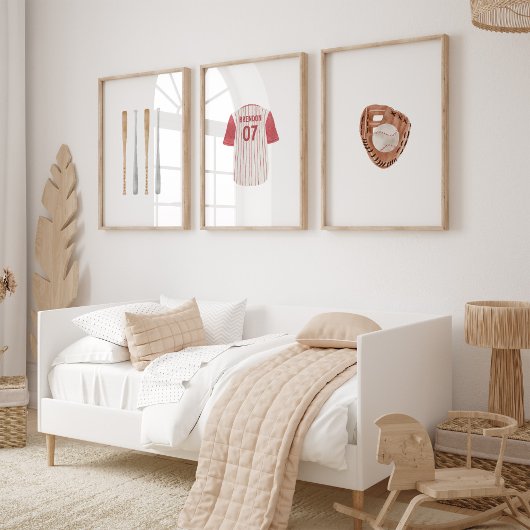 Red baseball sport nom personnalisé jeu de 3 poste